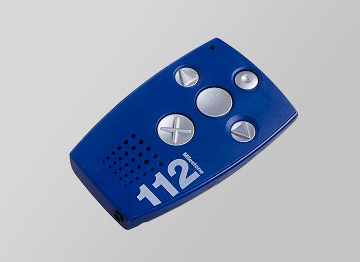 Ansicht auf ein blaues Gerät mit grauen Buttons