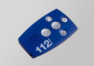 Ansicht auf ein blaues Gerät mit grauen Buttons