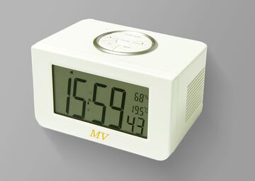 Ansicht auf den weißen, rechteckigen Wecker mit großem Display.