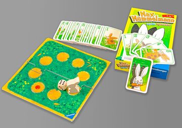 Ansicht auf das aufgebaute Spiel mit Karten, Karton und Spielbrett.