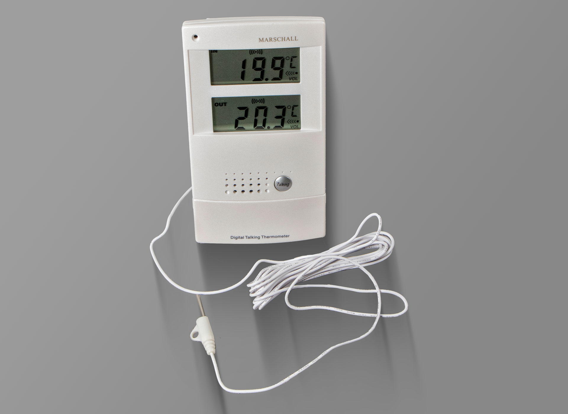 Ansicht Innen- und Außenthermometer mit weißem Gehäuse und zwei Displays
