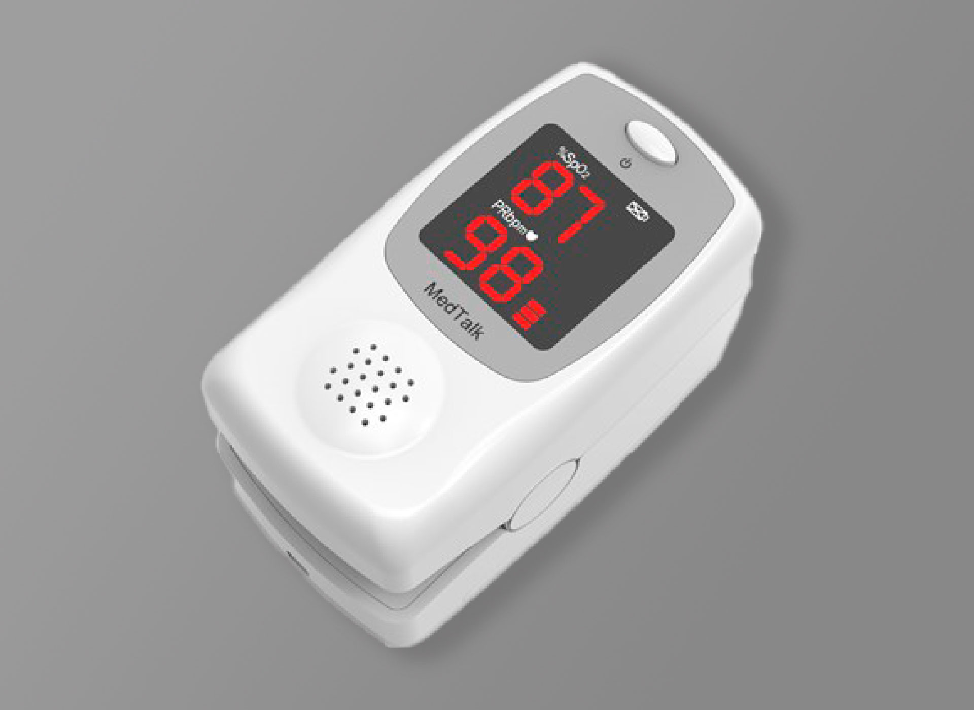 Ansicht auf das weiße Gerät mit schwarzem Display und roten Ziffern