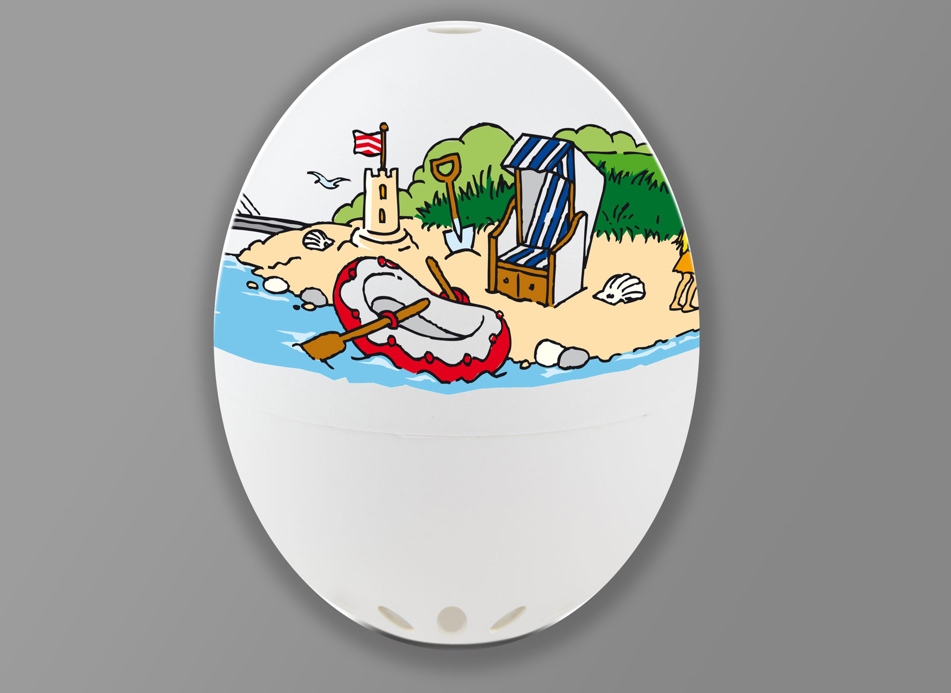 Ansicht auf ein weißes Ei mit Bemalung.