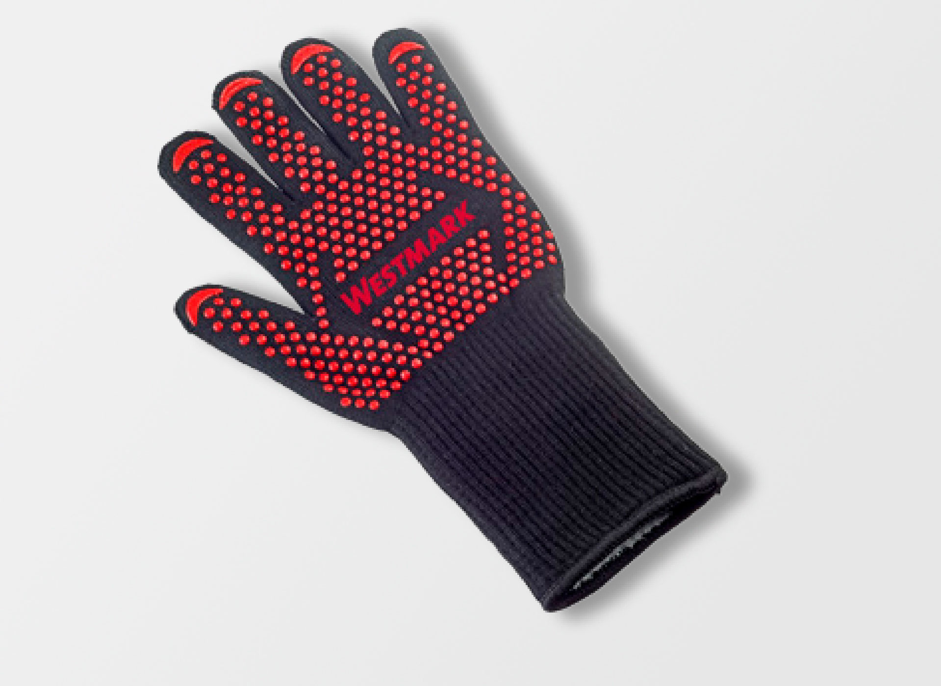 Ansicht auf den rot-schwarzen Handschuh.