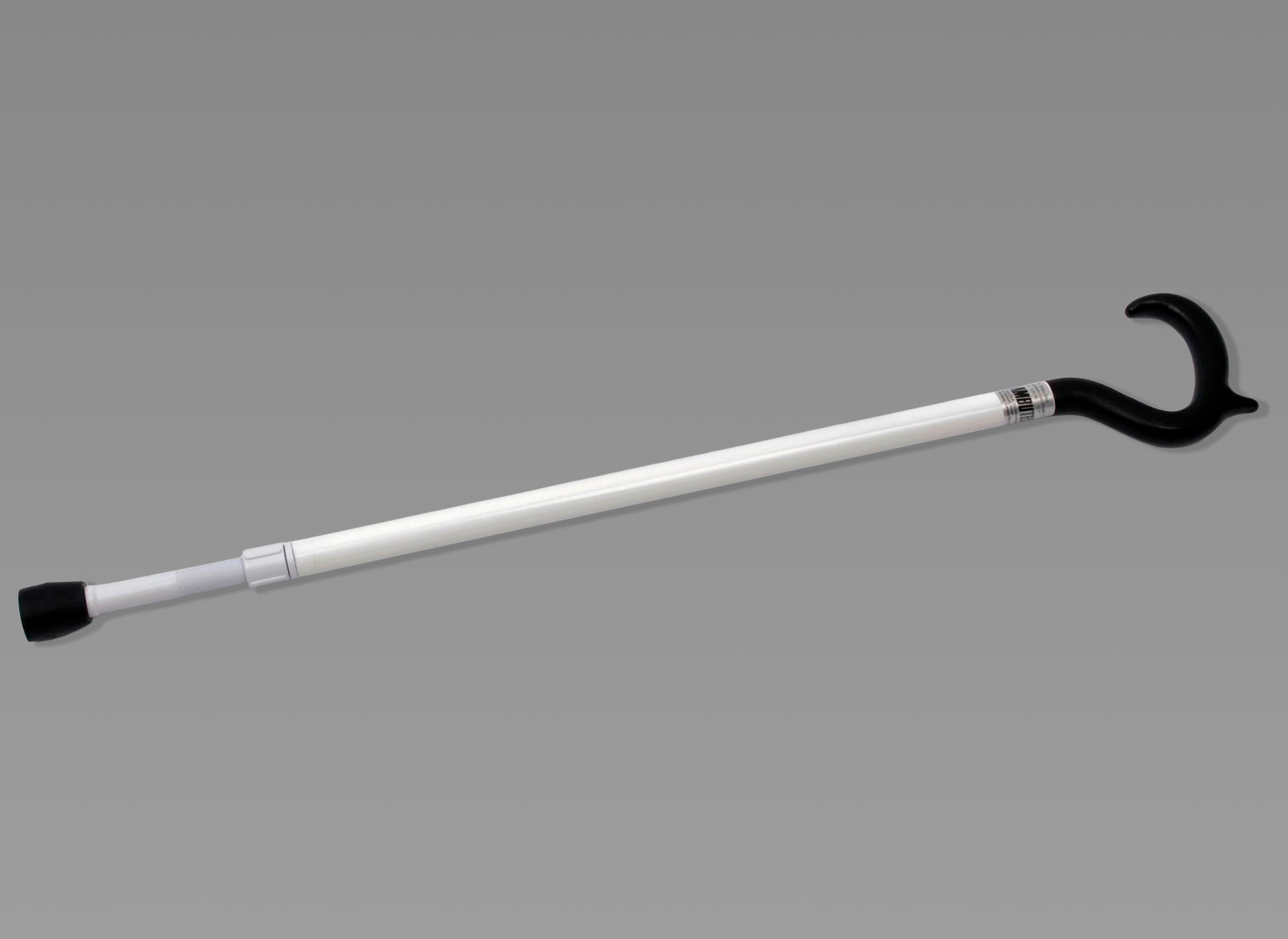 Weißer Langstock mit schwarzem Griff.