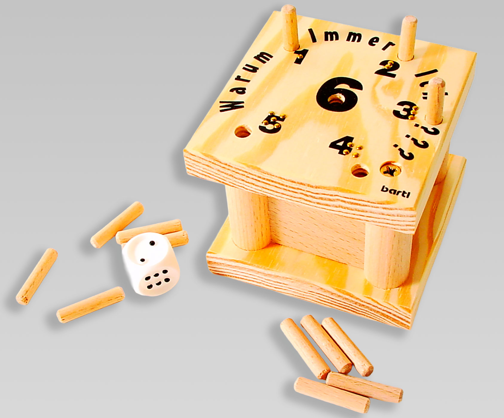 Ansicht auf das Holzspiel mit tastbarem Würfel und Holzstäbchen.