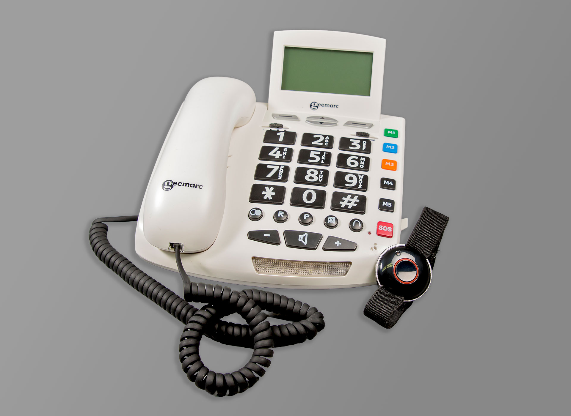 Ansicht auf ein weißen Telefon mit Hörer und Nummernblock.