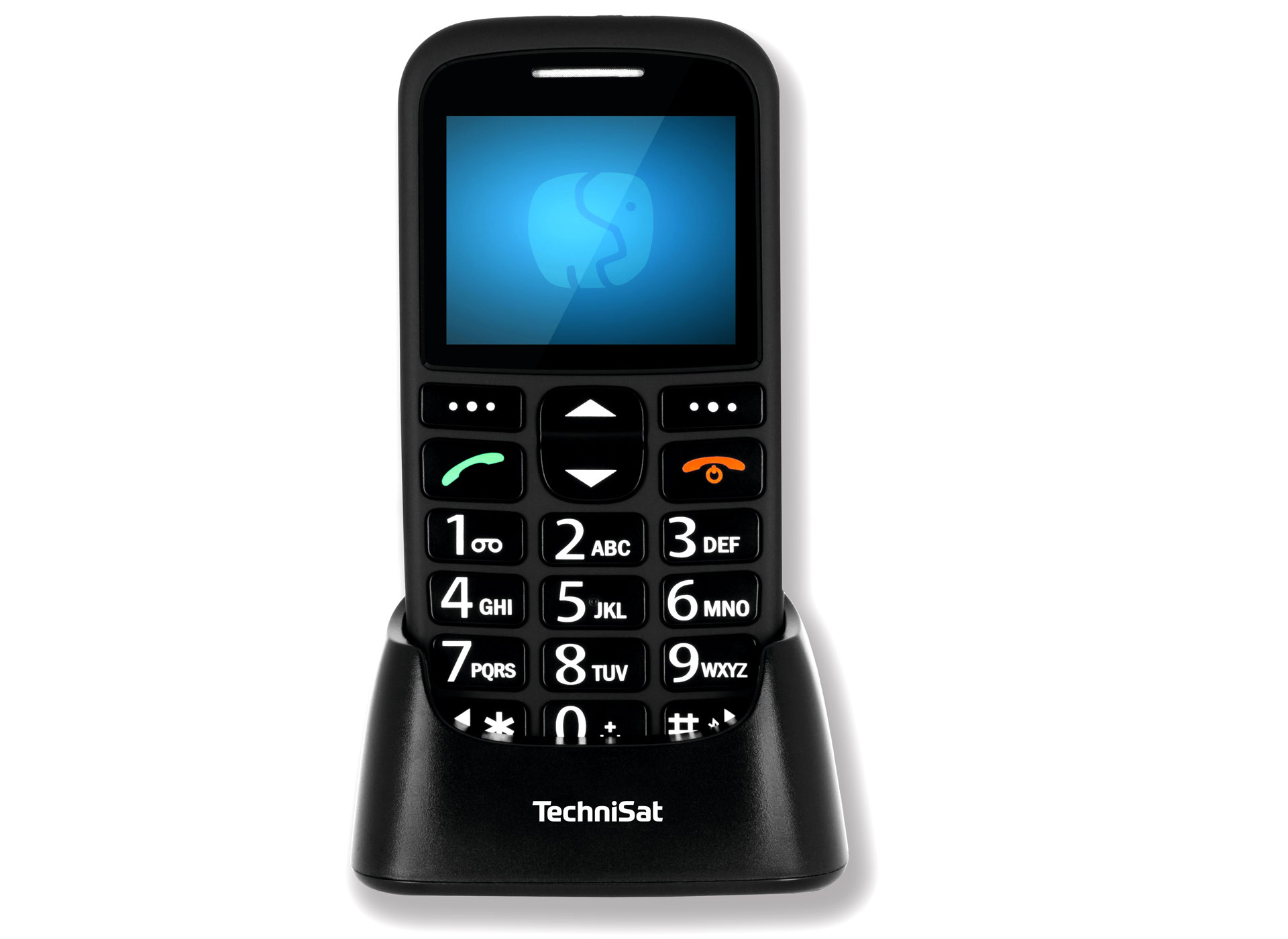 Ansicht auf das schwarze Handtelefon im schwarzen Ständer.